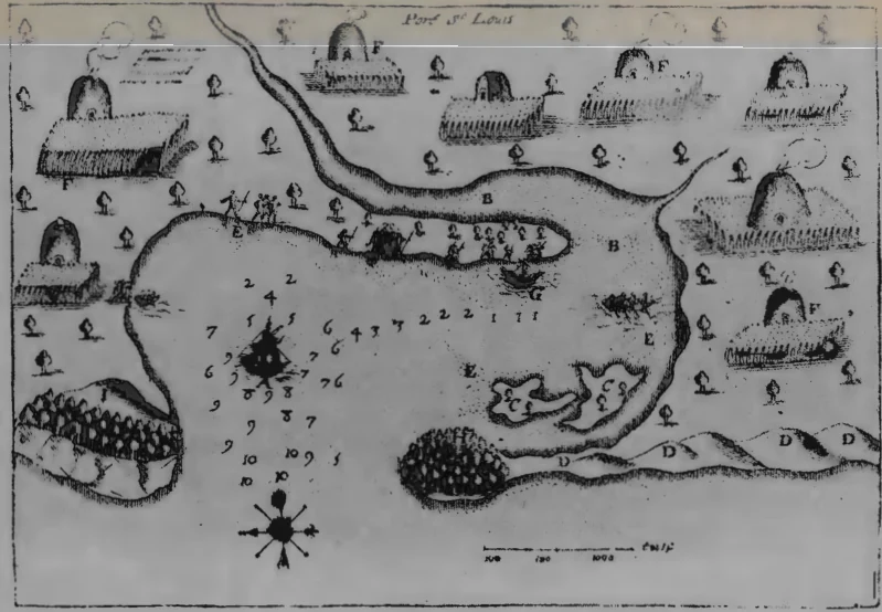 Map of Wampanoag villages and cornfields on Cape Cod, Samuel de Champlain