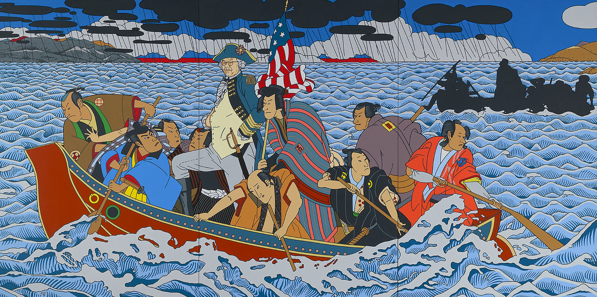 Roger Shimomura’s Shimomura Crossing the Delaware: a boat carries figures in Japanese clothing across stylized waves beneath an American flag.