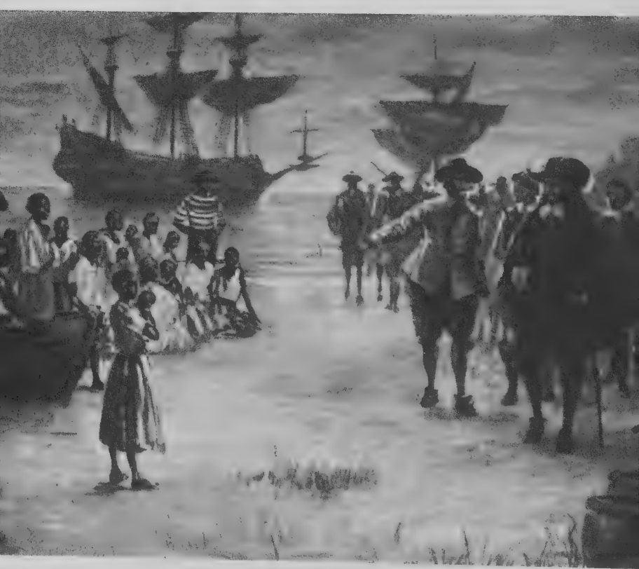 Illustration of people beside a Dutch slave ship arriving at Jamestown, Virginia, in 1619.