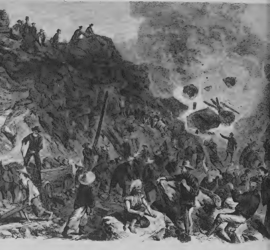Illustration of Chinese and European workers building the transcontinental railroad, 1869.