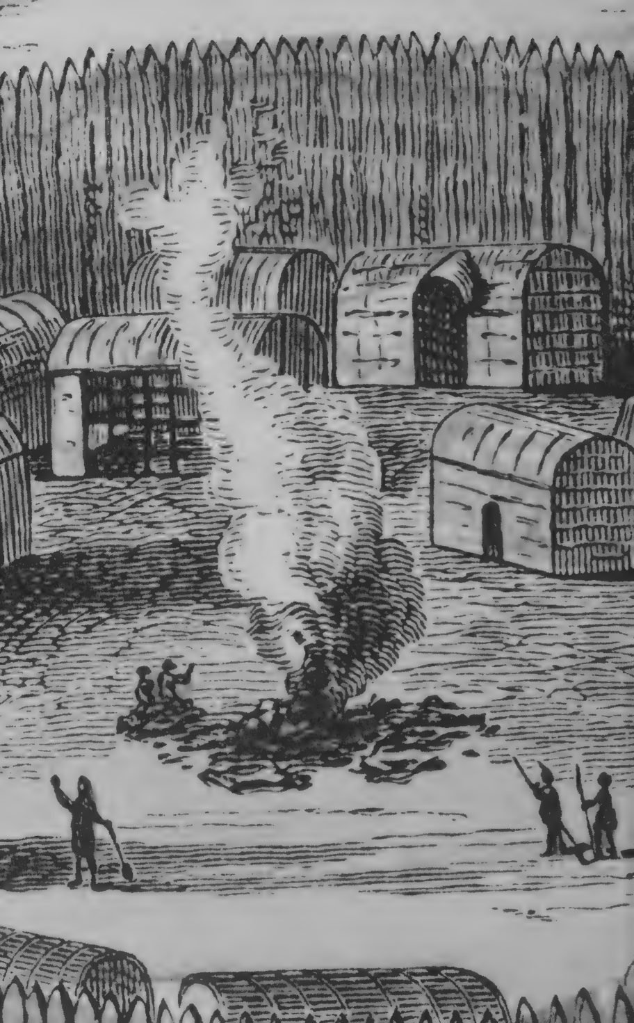 Detail of a woodcut showing a palisaded Native American town, like those of the Powhatans near Jamestown.