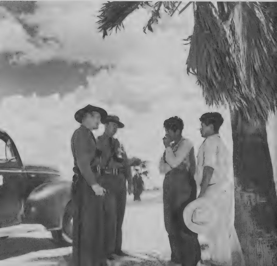 Photograph of United States border patrol officers questioning Mexican workers, 1940.