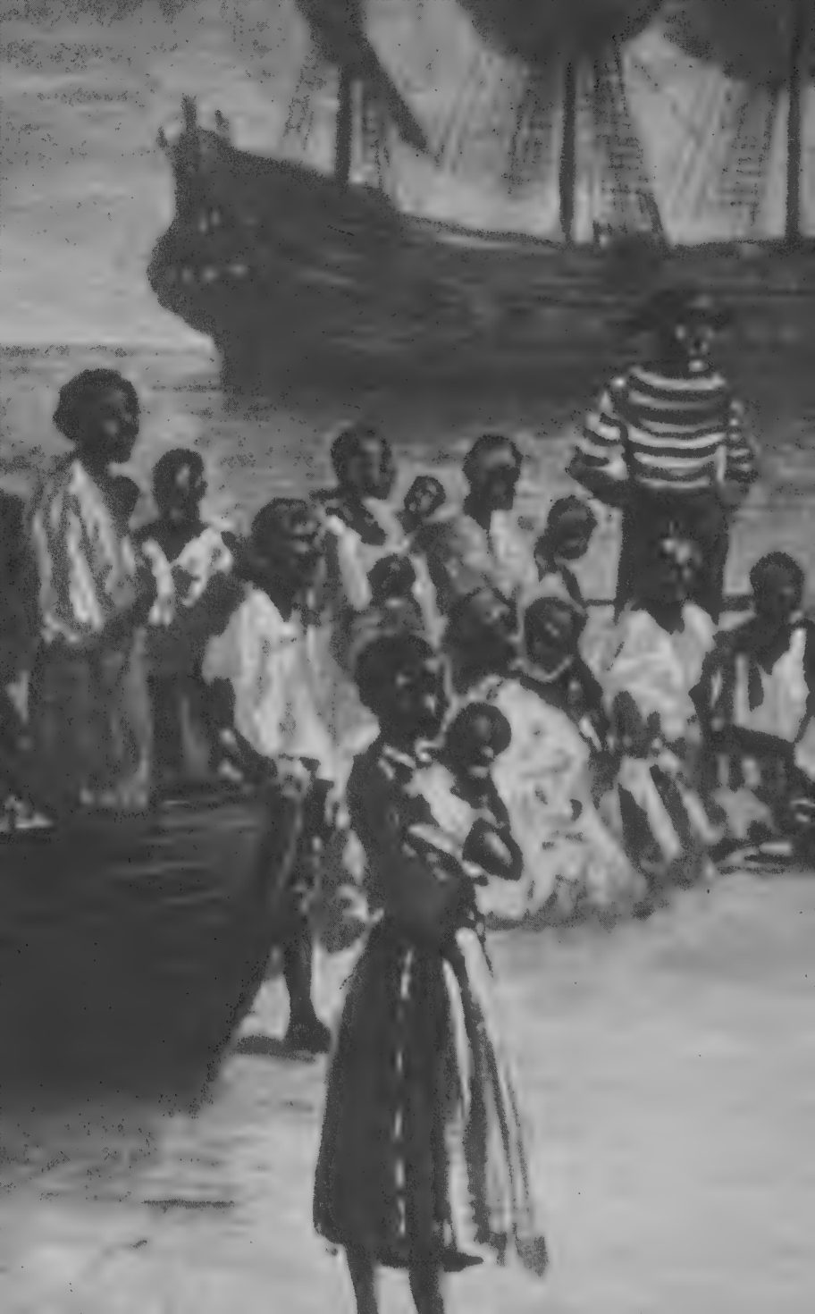 Detail of an illustration showing people beside a Dutch slave ship arriving at Jamestown, Virginia, in 1619.