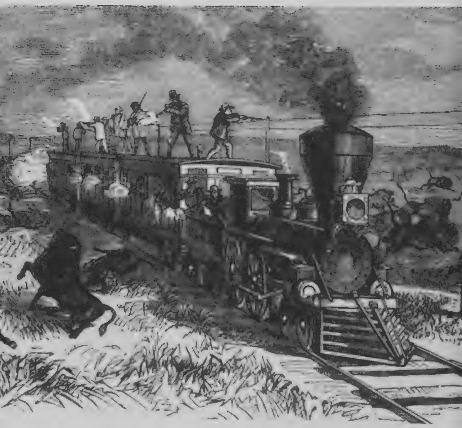 Illustration of white hunters shooting buffalo from a moving train, around 1870.