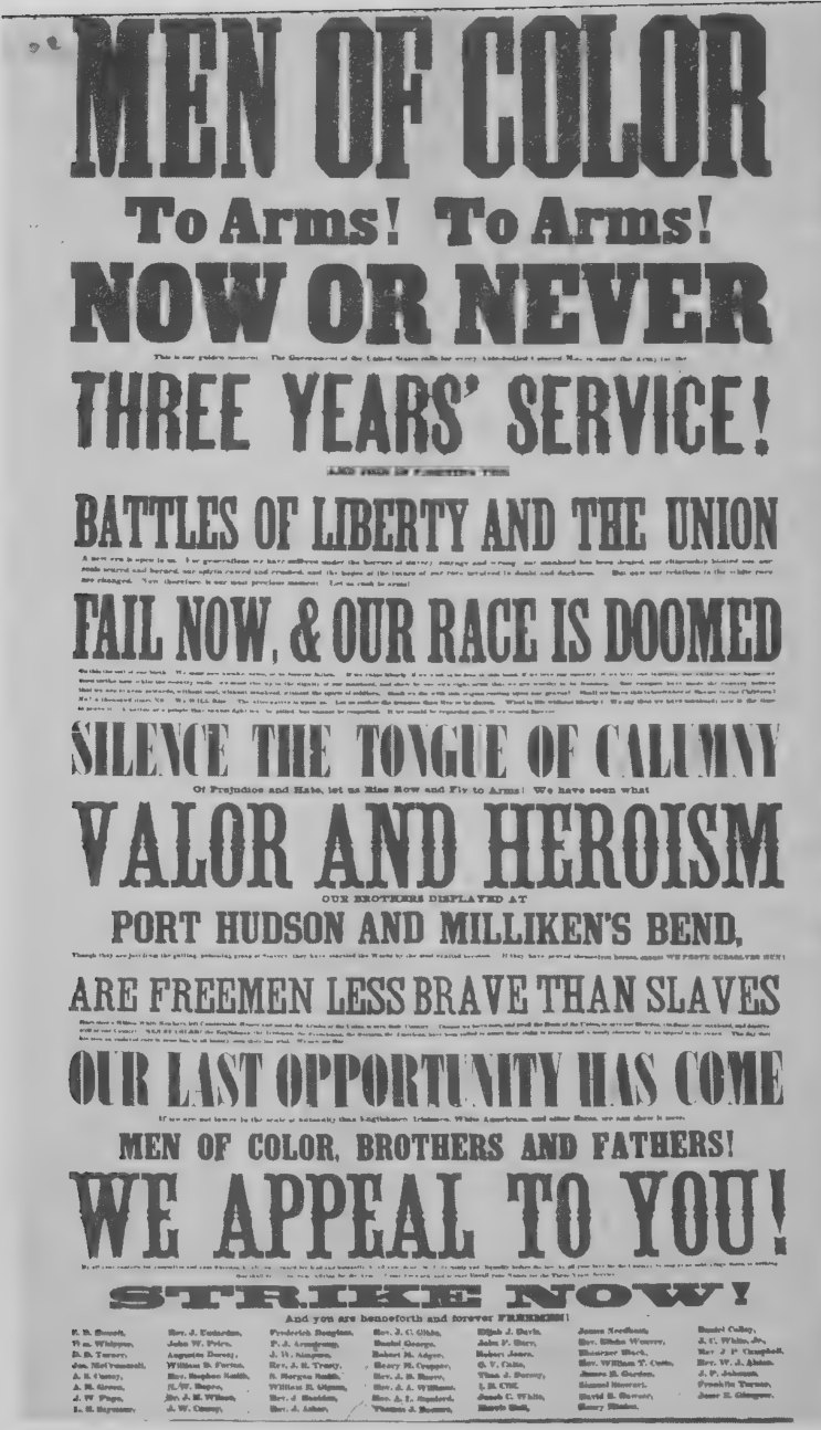 Printed Union army recruitment poster headed “Men of Color,” urging Black men to enlist, around 1860.
